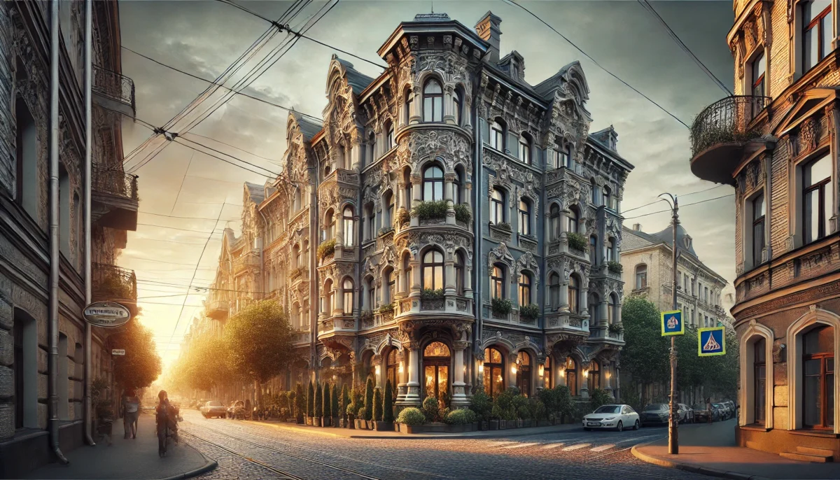 Залізничний район міста Львів у деталях_ старовинні будівлі із червоної цегли з декоративними елементами, залізнична станція з арковим дахом. Пошук хати бот.